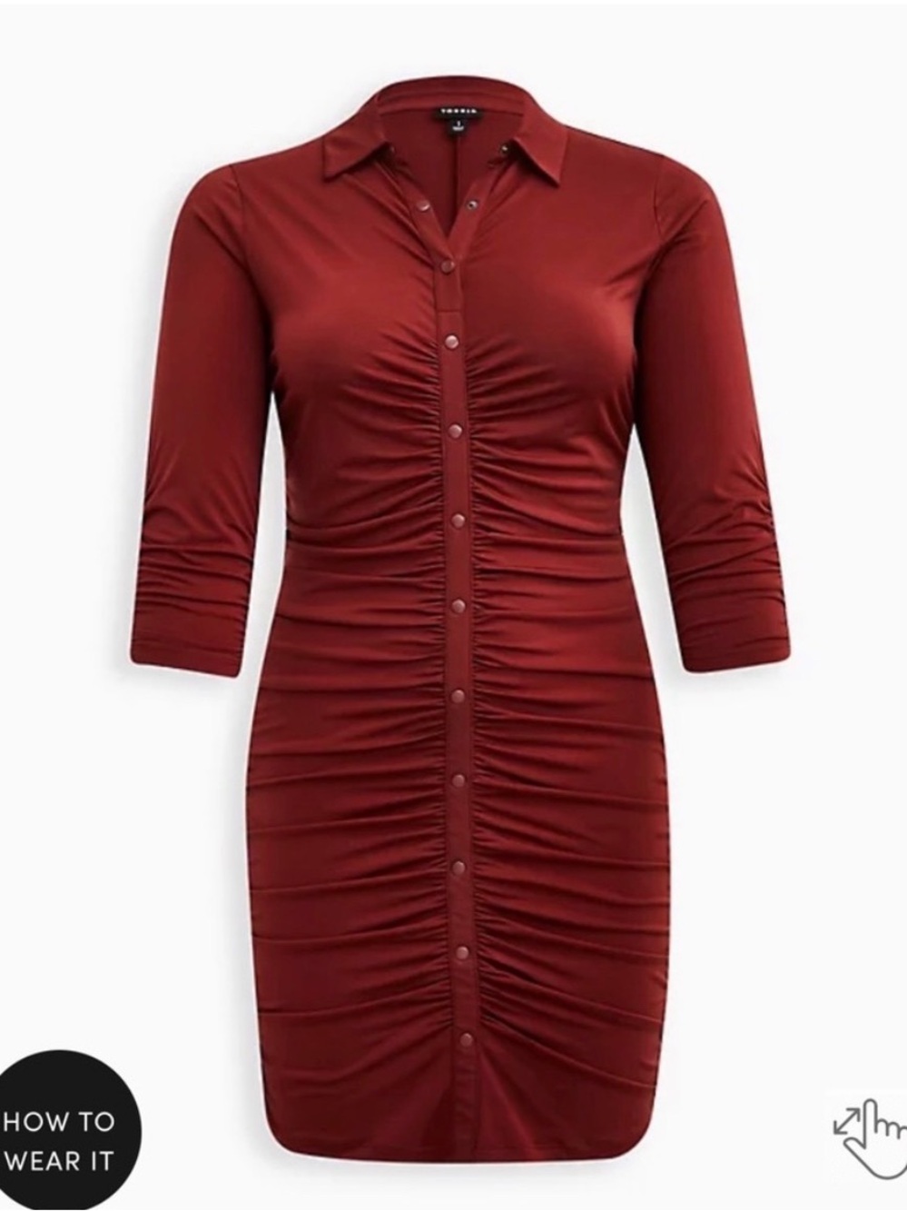 Torrid Ruched Button-Front Dress in Brick Red - Picture 2 of 5